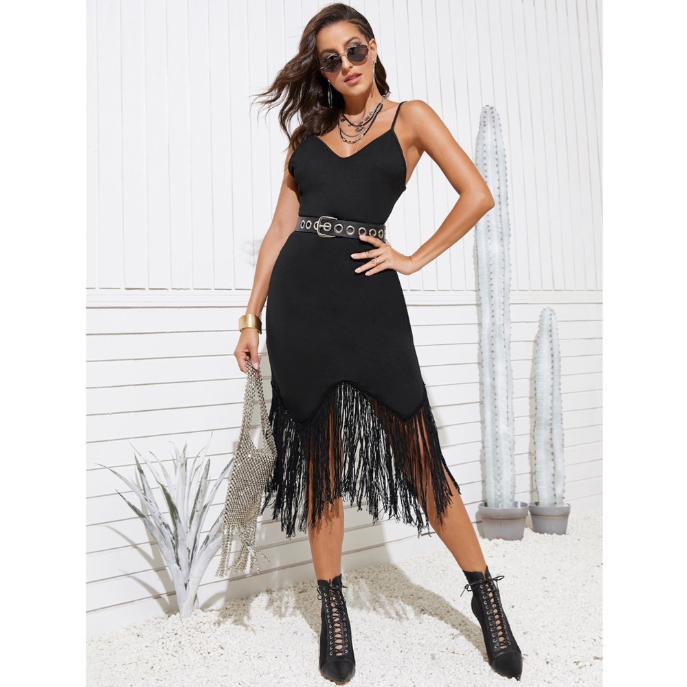 Fringe Detail Black Boho Cami Dress Asymmetrical - Picture 2 of 7